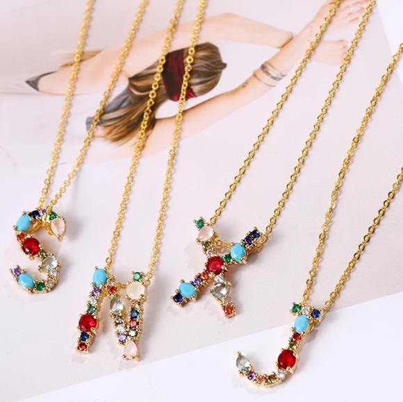 Boho Stone A-Z Initial Pendant Gold Pave Necklace - Picture 3 of 8